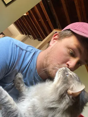 Tecate, a fluffy grey and white cat, pressing her nose to Edward's face in a wood-panelled room